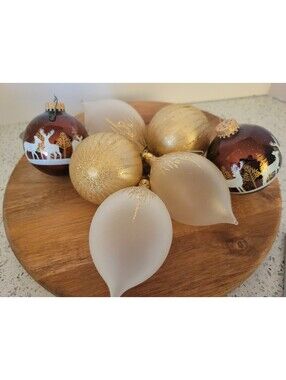 Set of 6 Glass Christmas Tree Ornaments Round Teardrop Brown Deer Glitter